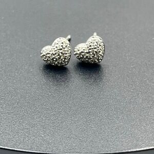 Disney Signed 14K White Gold Micro Pave Diamond Puff Heart Stud Earrings